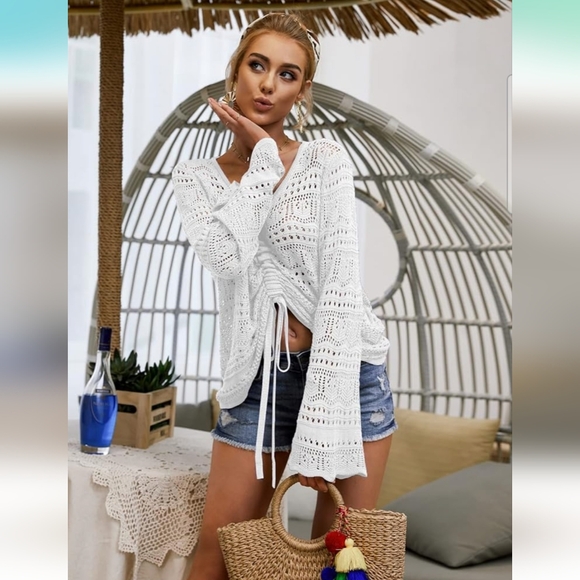 Amazon Saodimallsu Womens Boho Off Shoulder Crocheted Top. Medium. In White. - Picture 2 of 3